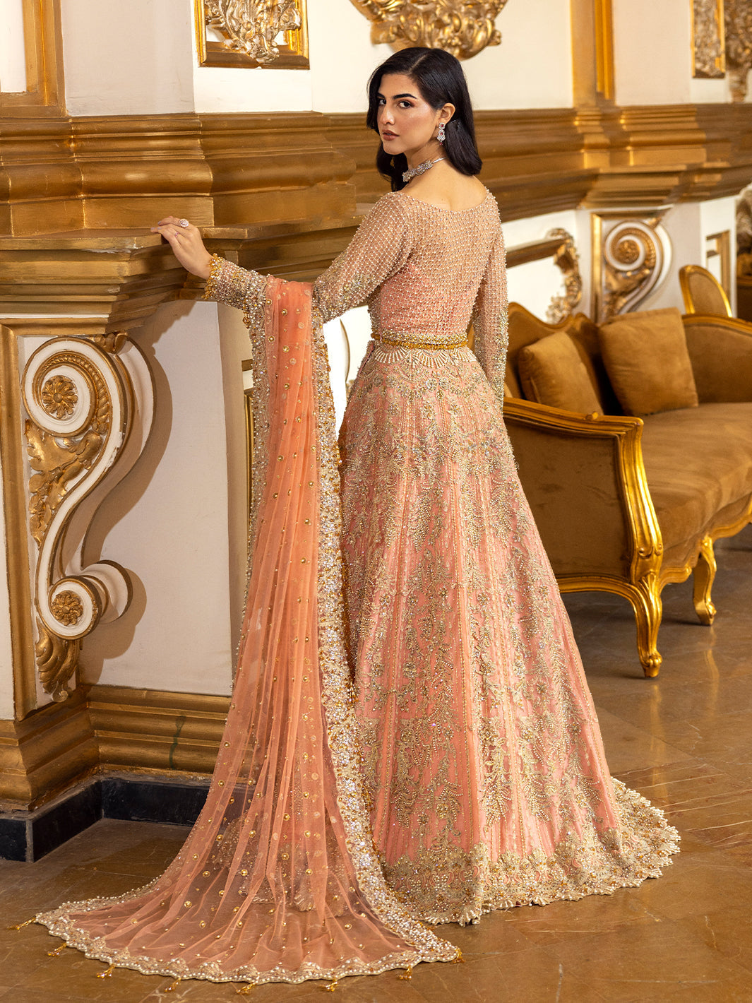 Epoque Soiree Style coral peach embellished lehenga back view with dupatta