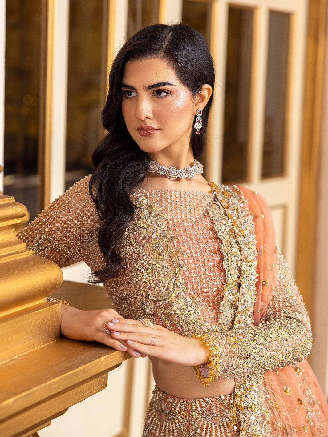 Epoque Soiree Style coral peach bridal choli close up detail