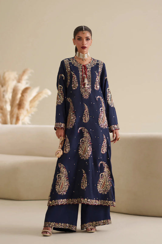 Ethnc Midnight Navy Embroidered Kurta Style full front view