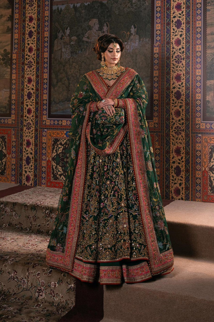 Fahad Hussayn Jhumath style bottle green bridal pishwas full look