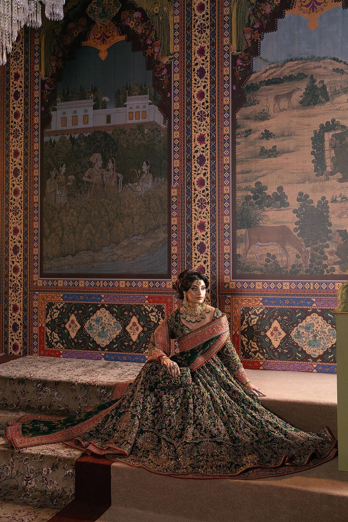 Fahad Hussayn Jhumath style green bridal outfit back view