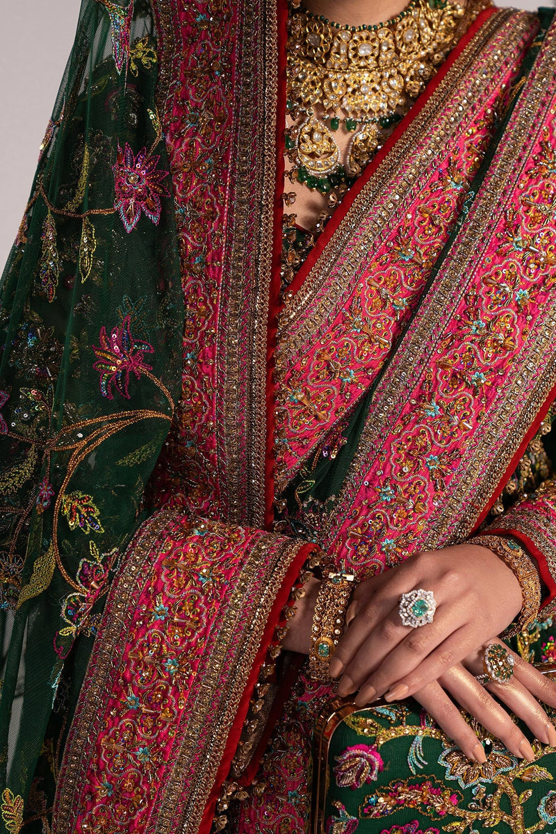 Fahad Hussayn Jhumath style green pishwas handwork close-up