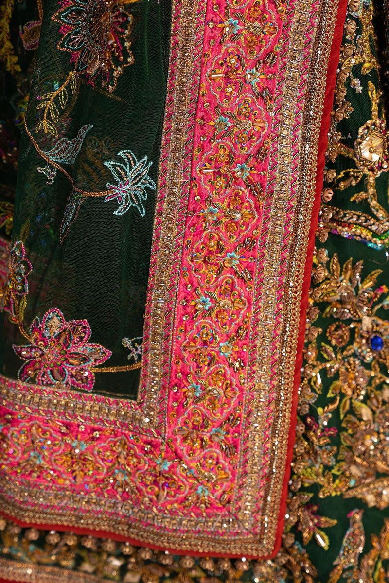Fahad Hussayn Jhumath style bottle green bridal ensemble finishing detail