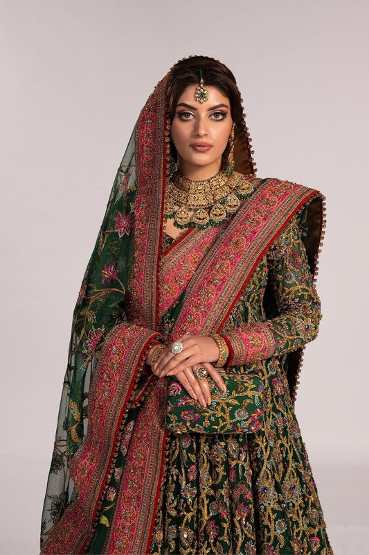 Fahad Hussayn Jhumath style bottle green embroidered bridal look
