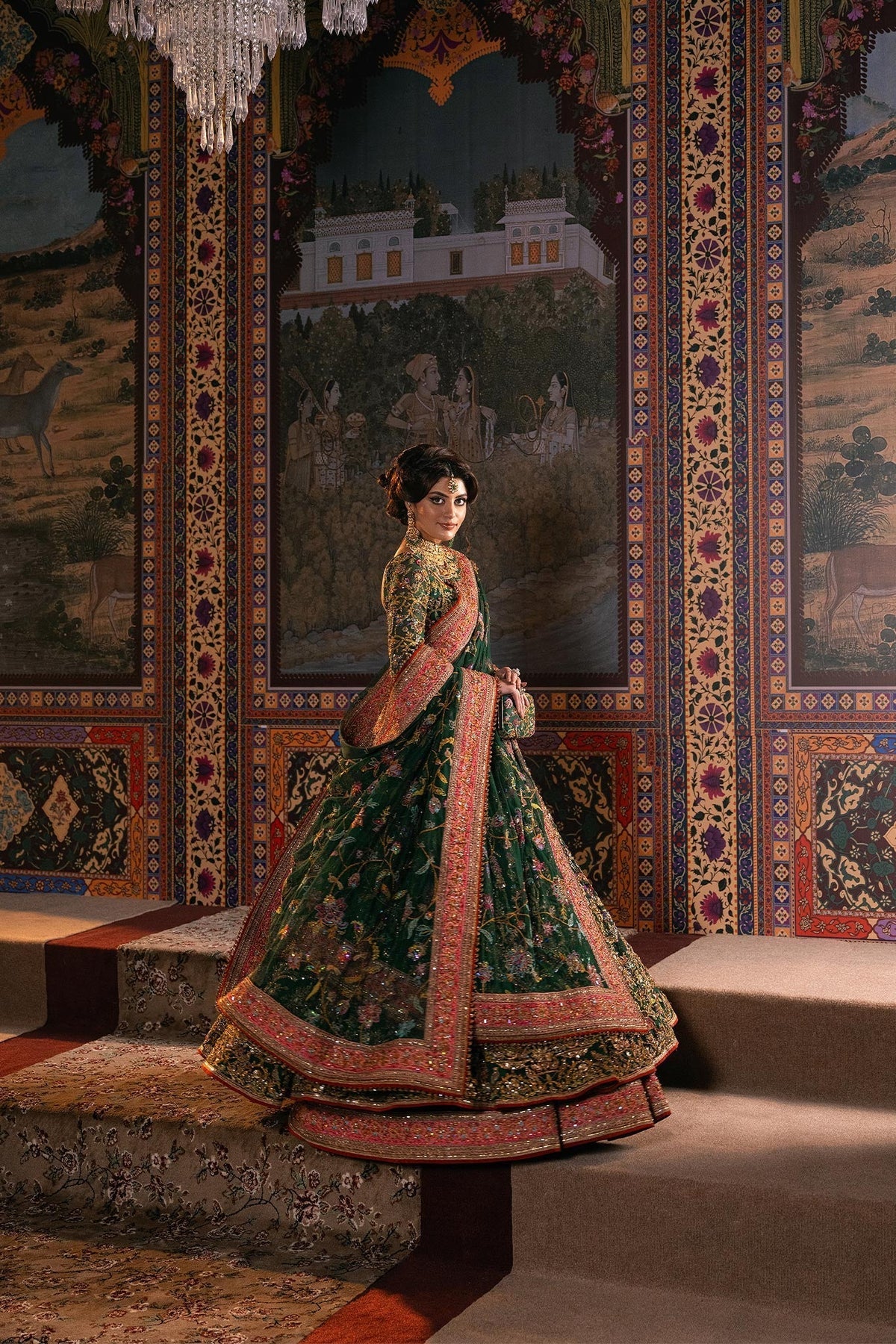 Fahad Hussayn Jhumath style green bridal pishwas and lehenga view