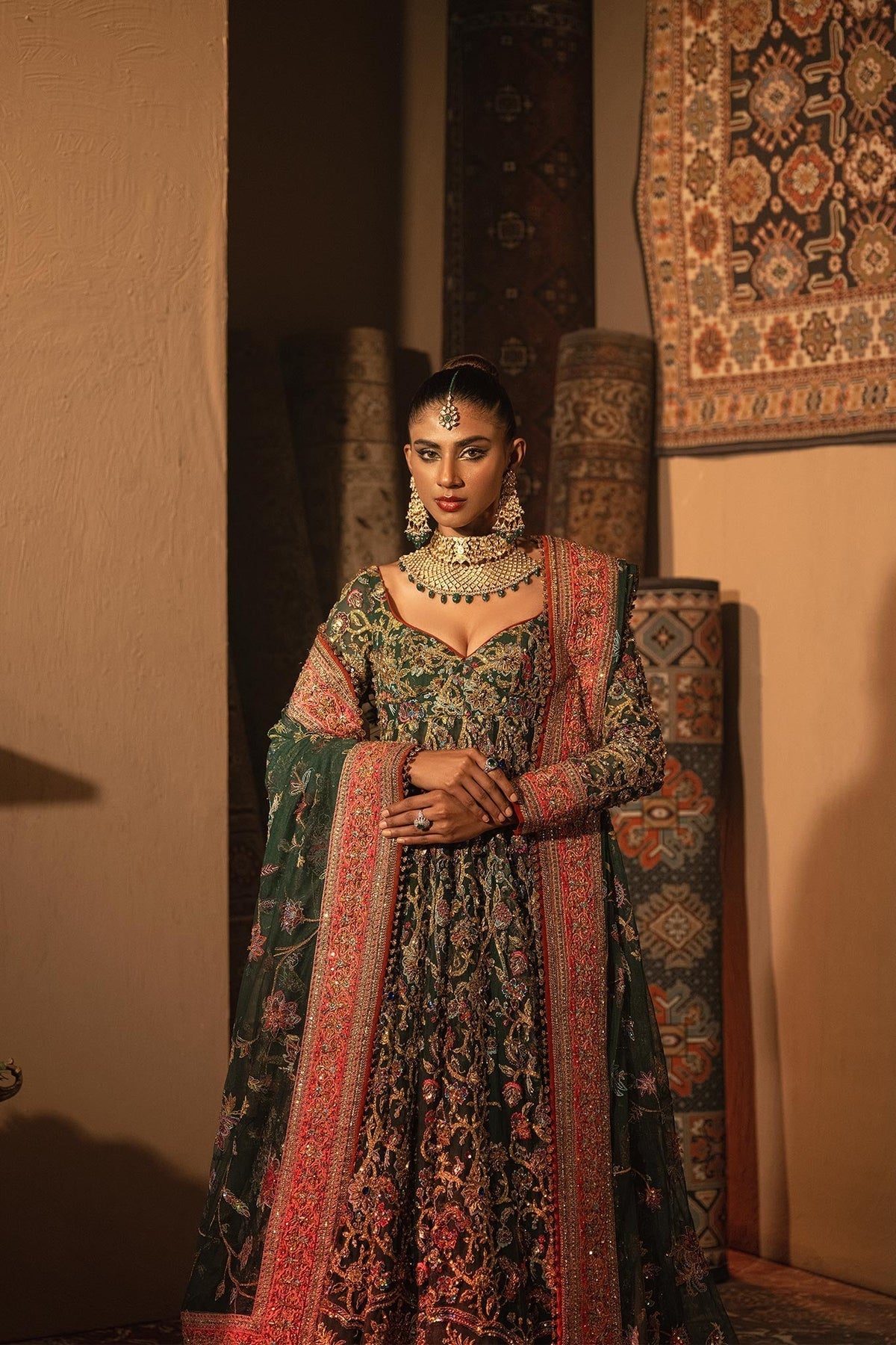 Fahad Hussayn Jhumath style bottle green bridal ensemble detail