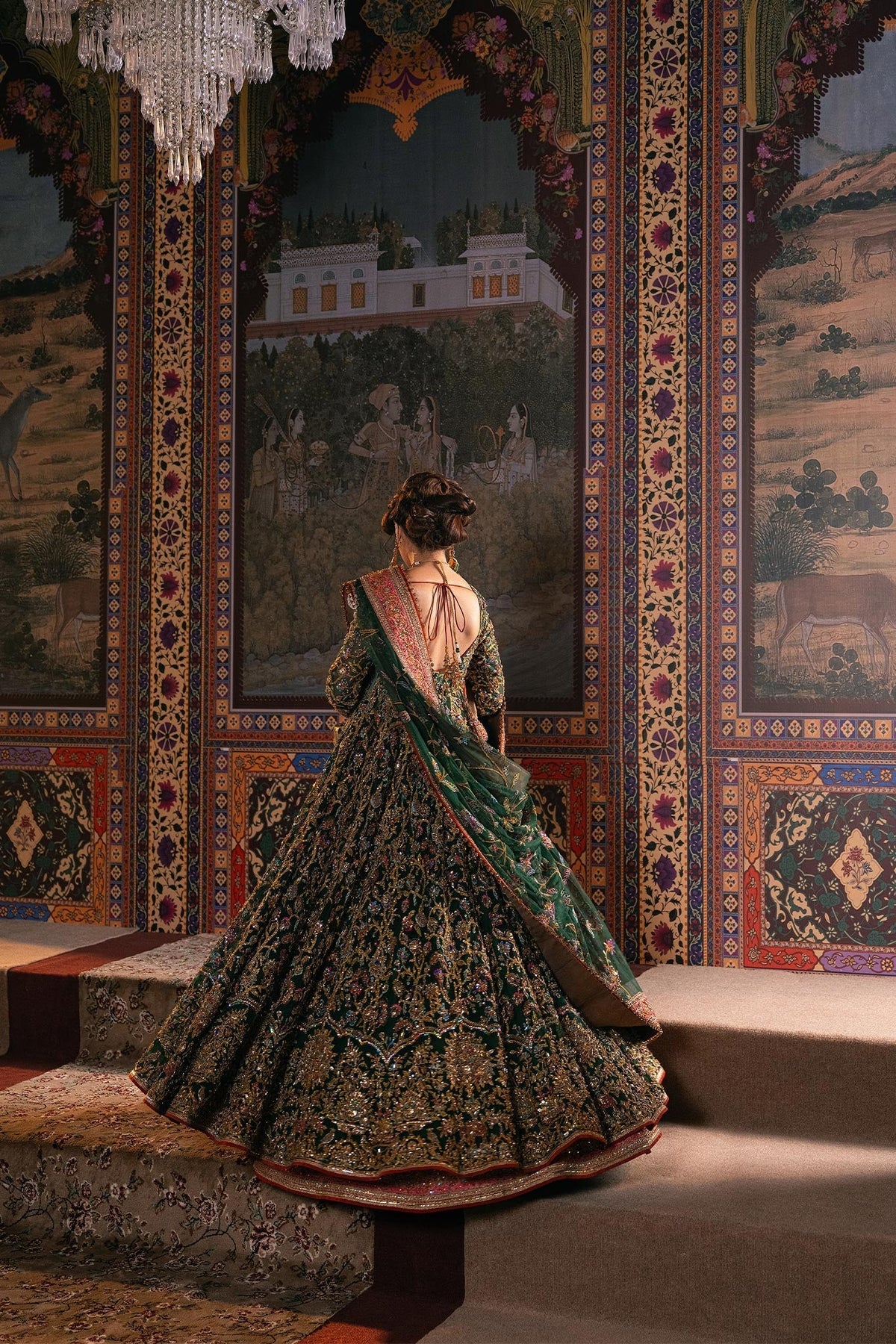 Fahad Hussayn Jhumath style embroidered green pishwas close view