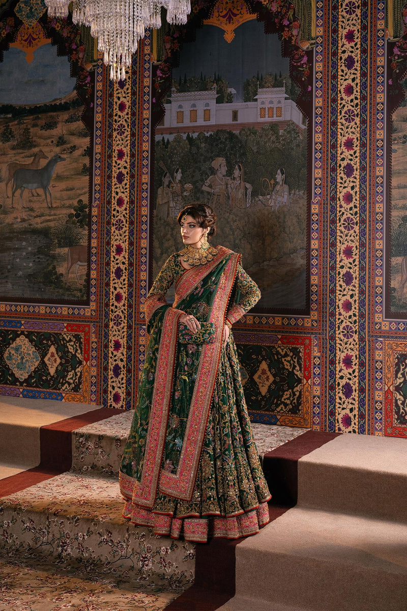 Fahad Hussayn Jhumath style bottle green handwork detail