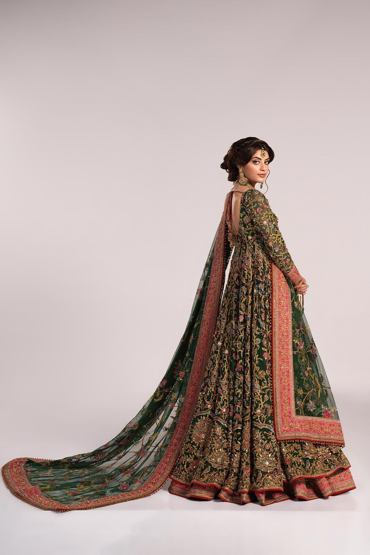 Fahad Hussayn Jhumath style bottle green pishwas side view