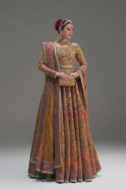 Fahad Hussayn Naugul style yellow bridal lehenga choli — Mairaz reproduction, view 1 of 8