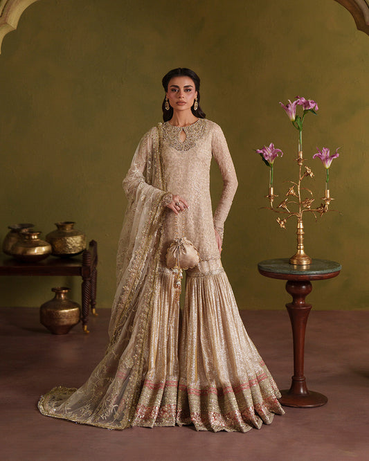 Faiza Saqlain Asfoureh Style by Mairaz, soft gold chiffon formal front view
