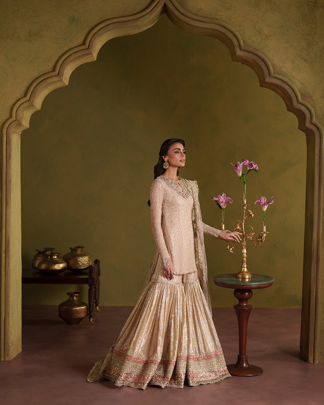Faiza Saqlain Asfoureh Style by Mairaz, soft gold wedding formal view 2