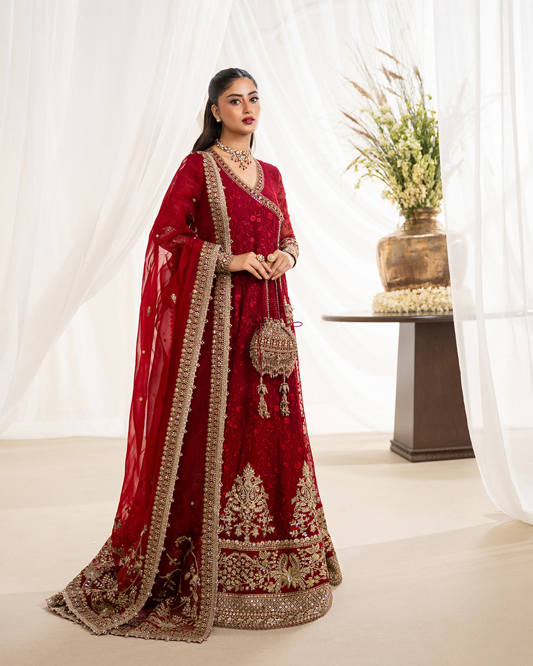 Faiza Saqlain Gul scarlet chiffon — full front, design reference