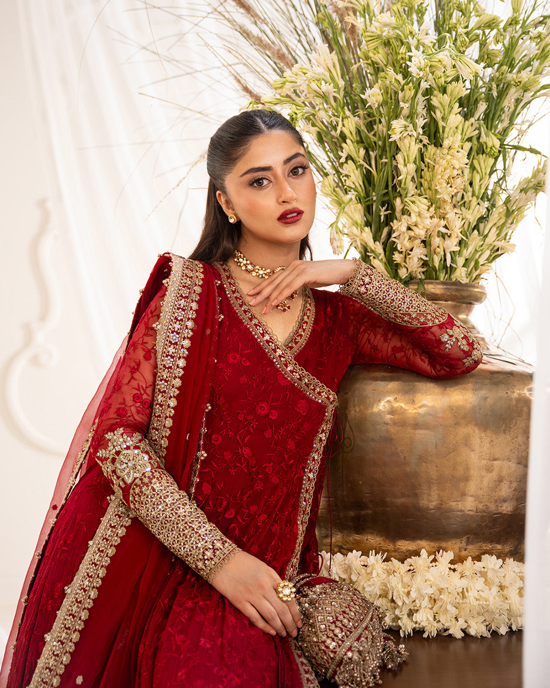 Faiza Saqlain Gul scarlet chiffon — neckline and sleeve, design reference