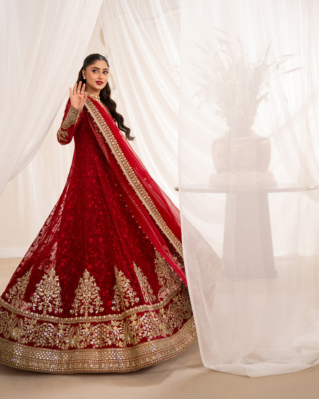Faiza Saqlain Gul scarlet chiffon — skirt sweep, design reference