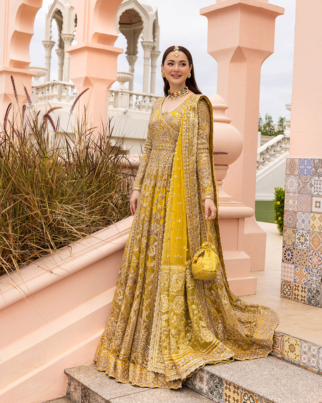 Faiza Saqlain Melita style yellow embroidered pishwas full look