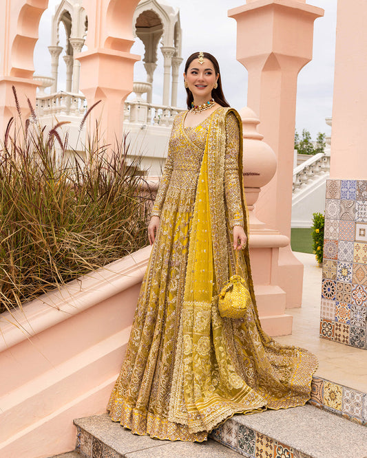 Faiza Saqlain Melita style yellow embroidered pishwas full look