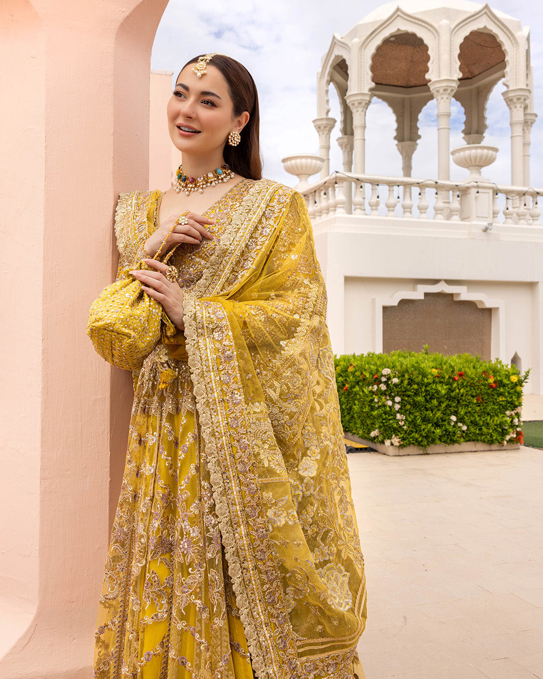 Faiza Saqlain Melita style yellow pishwas embroidered detail