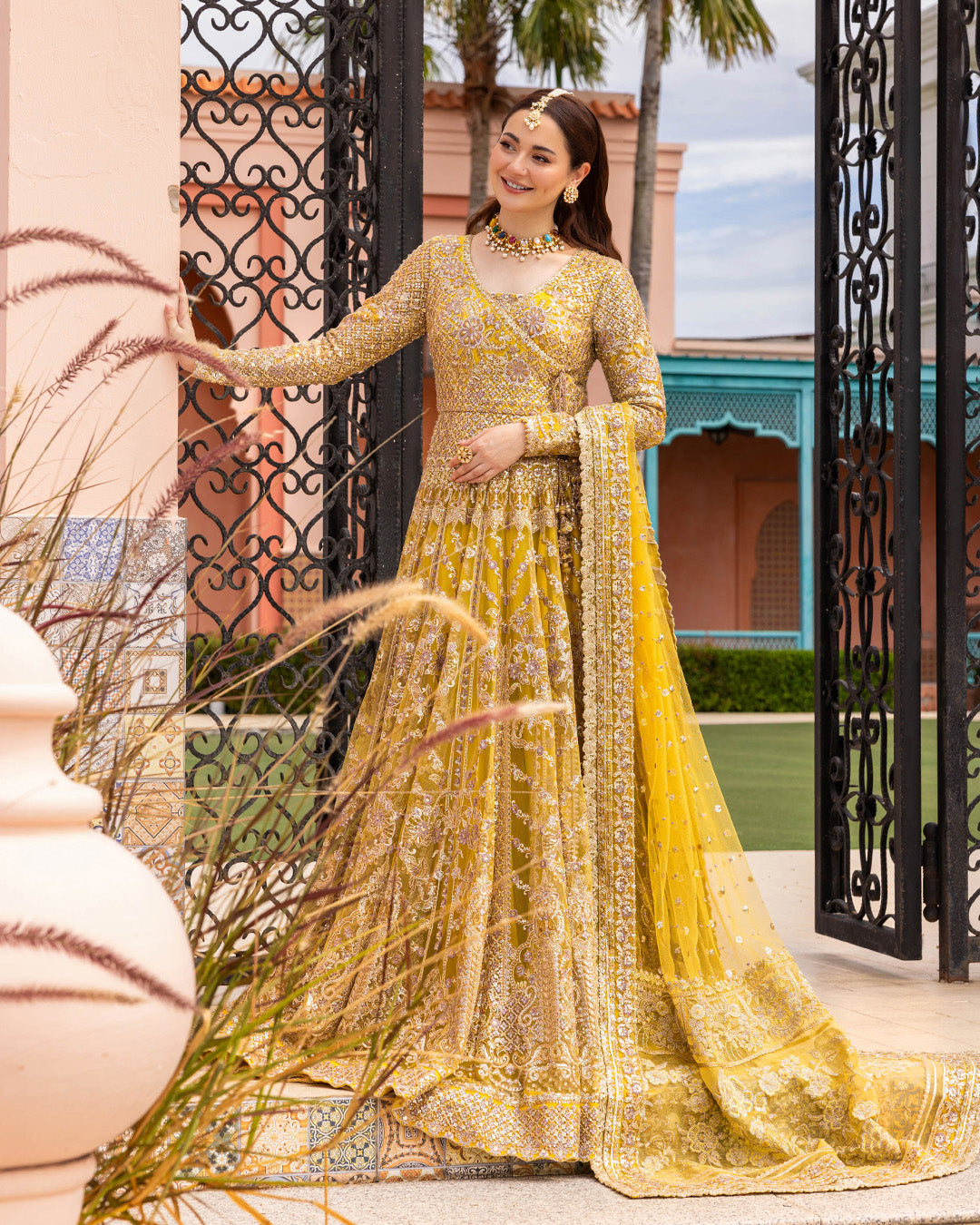 Faiza Saqlain Melita style embroidered yellow pishwas side view