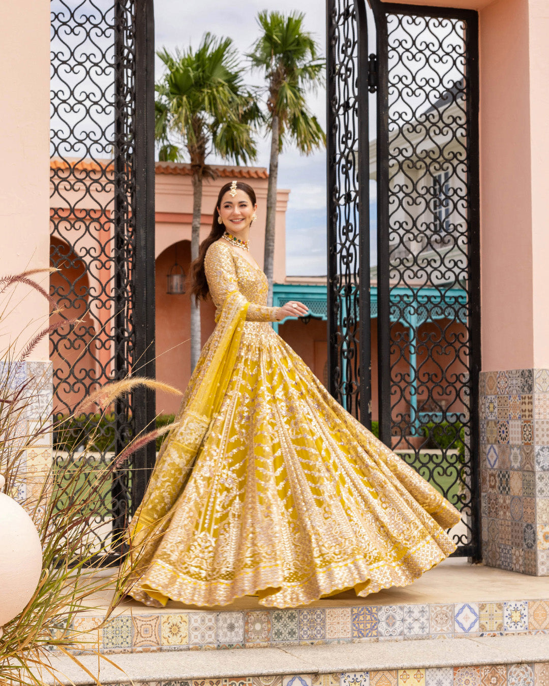 Faiza Saqlain Melita style yellow embroidered formal outfit close view