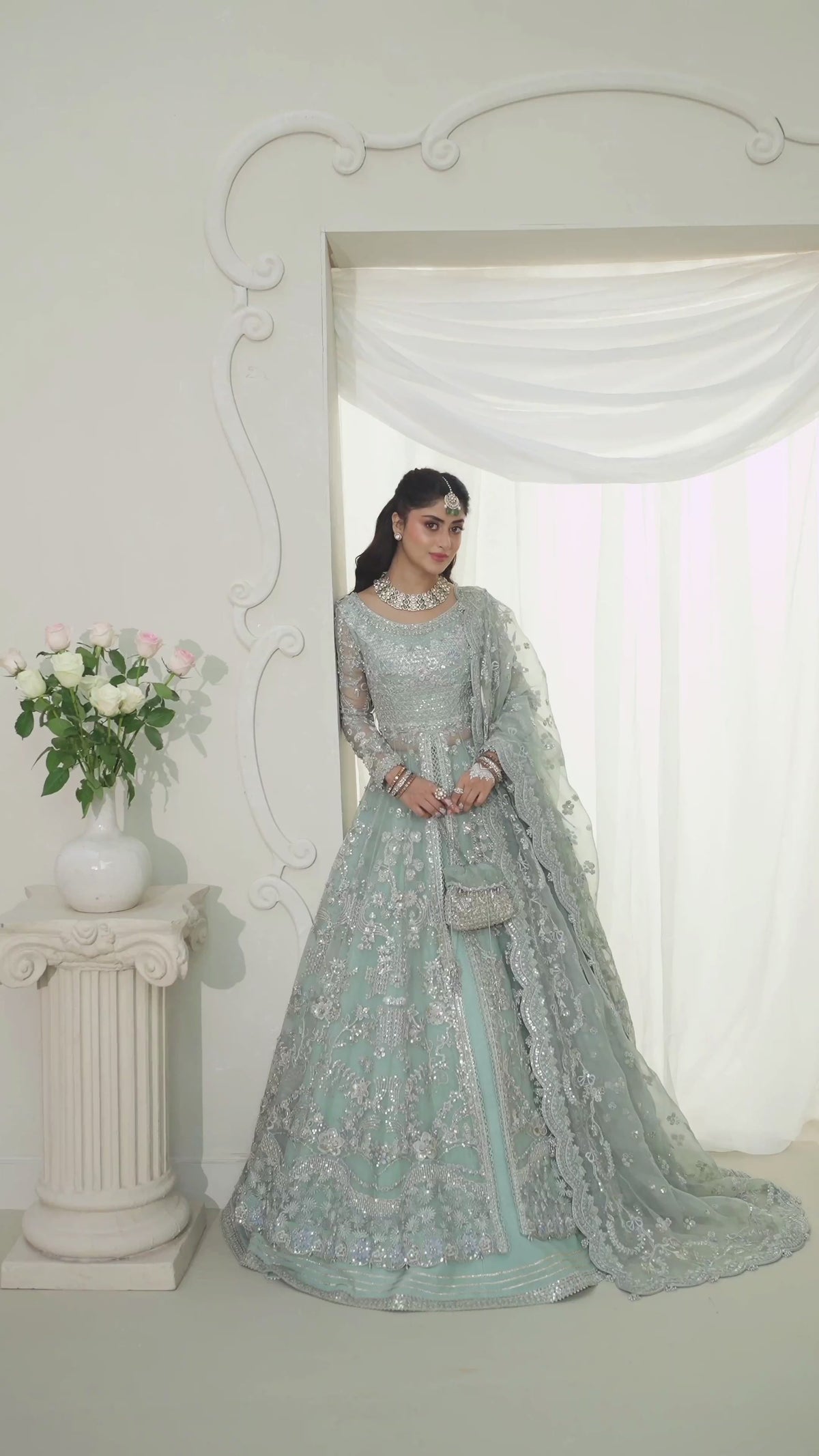 Faiza Saqlain Selin Style mint green embroidered lehenga front view