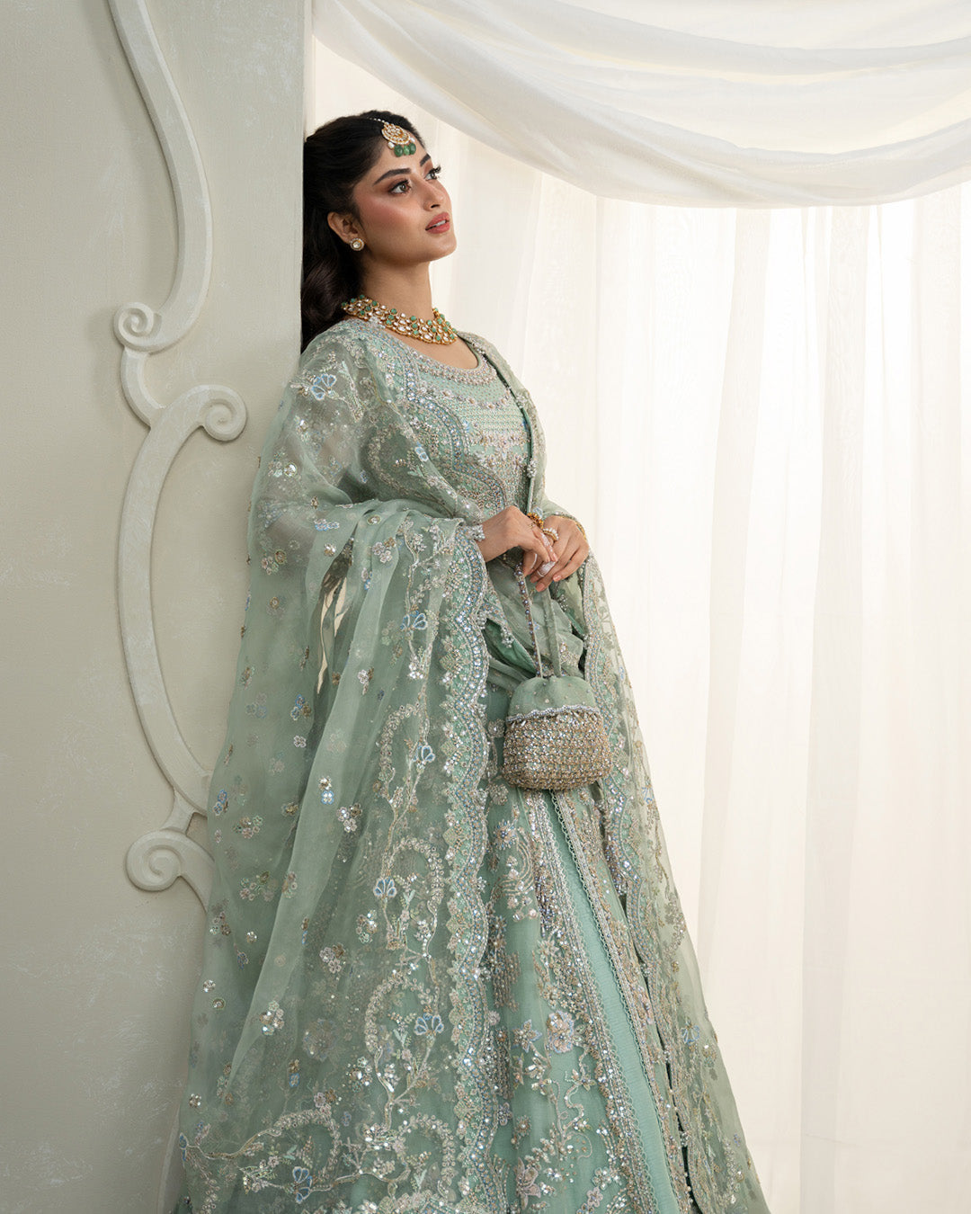 Faiza Saqlain Selin Style mint green organza dupatta full look