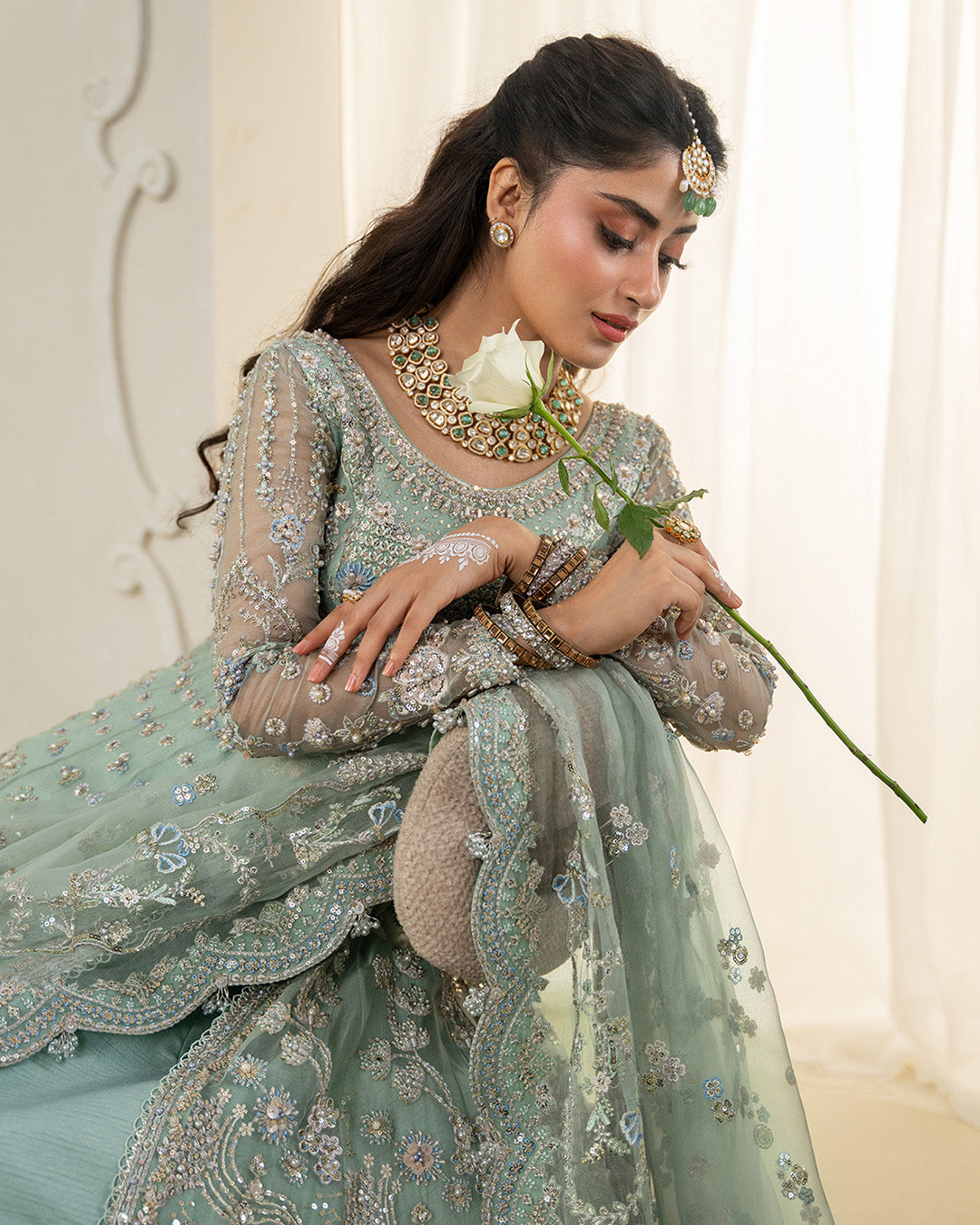 Faiza Saqlain Selin Style mint green embellished formal outfit