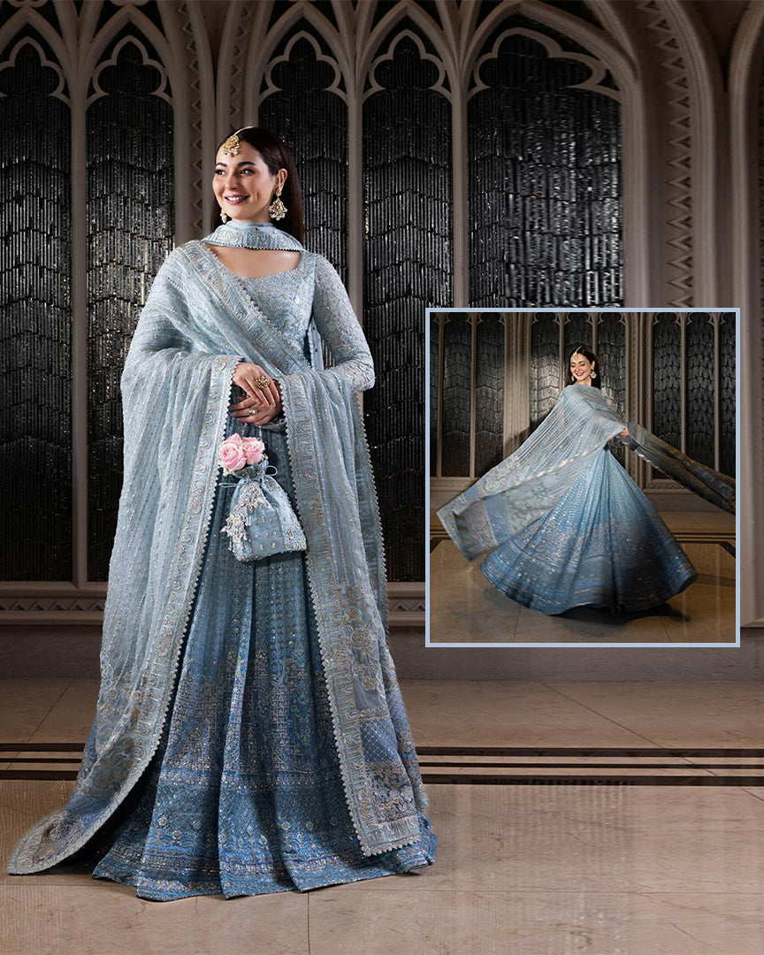 Faiza Saqlain Two Tone Baby Blue and Sky Blue Maxi Style by Mairaz