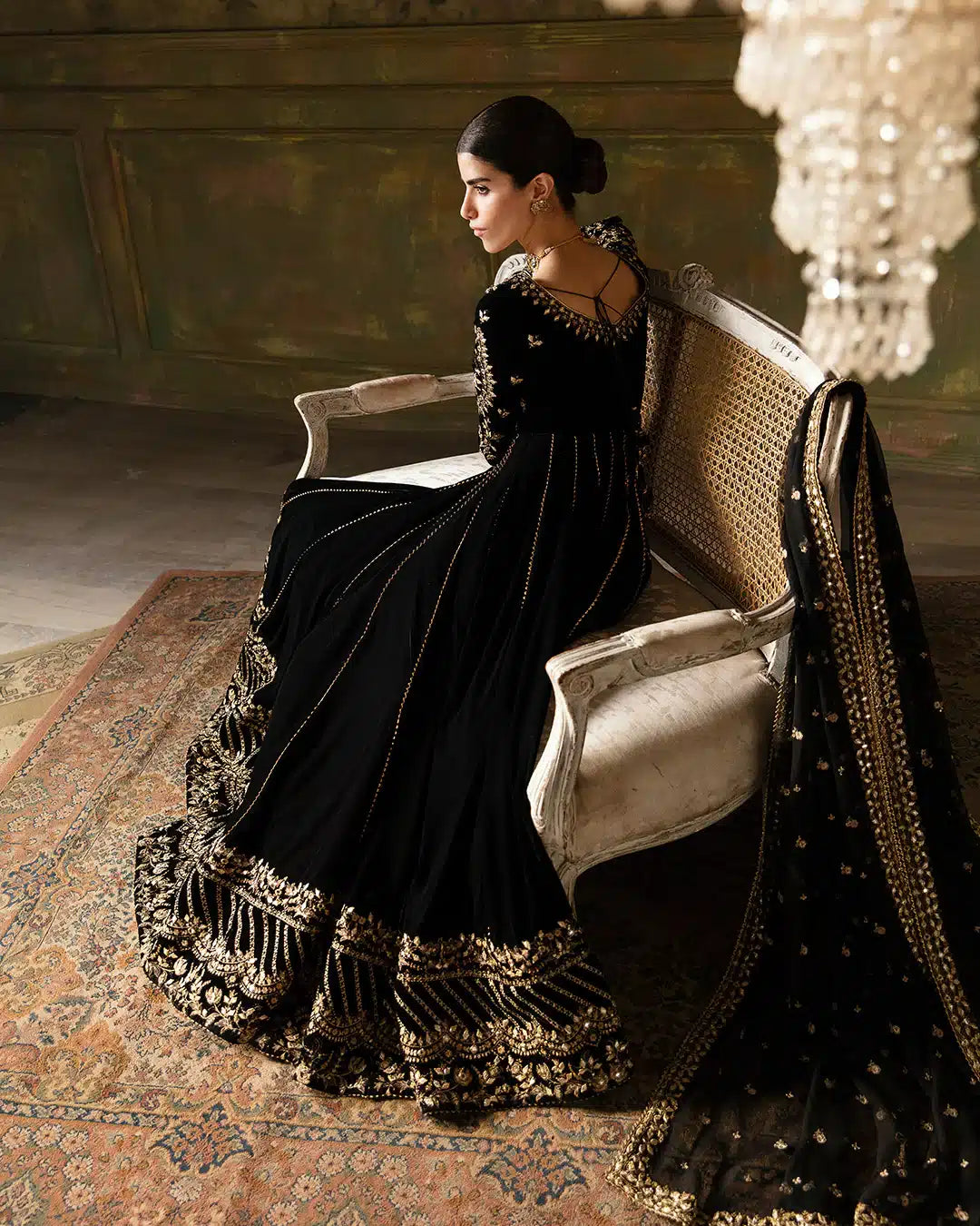 Faiza Saqlain Venera Style black velvet pishwas detail