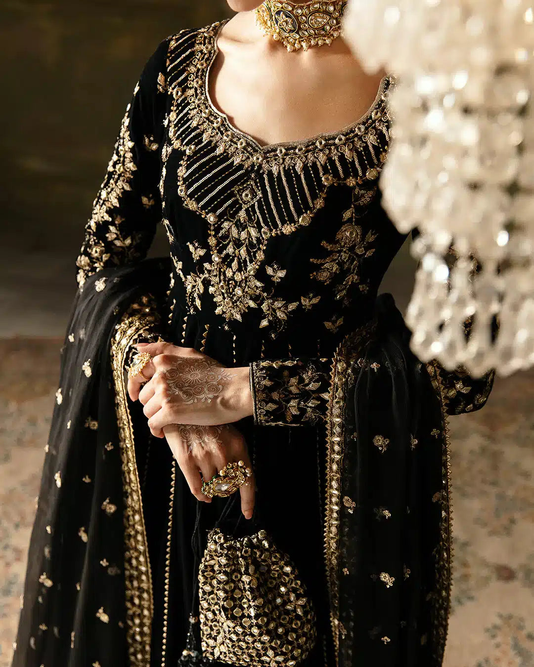 Faiza Saqlain Venera Style black velvet pishwas back view
