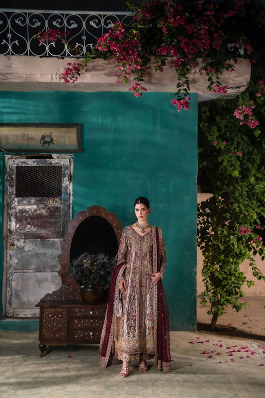 Farah and Fatima Inaya Style taupe and plum wedding formal full front view