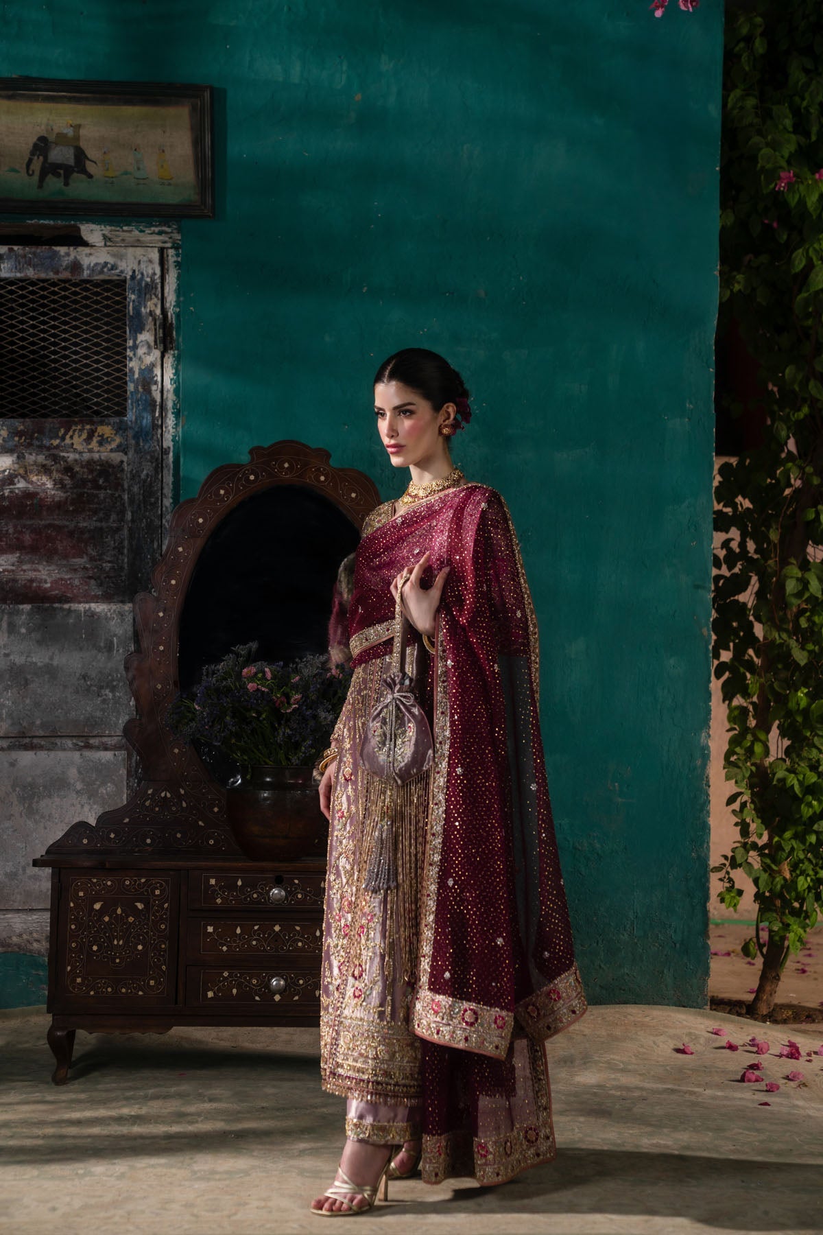 Farah and Fatima Inaya Style embellished shirt and plum dupatta three-quarter view