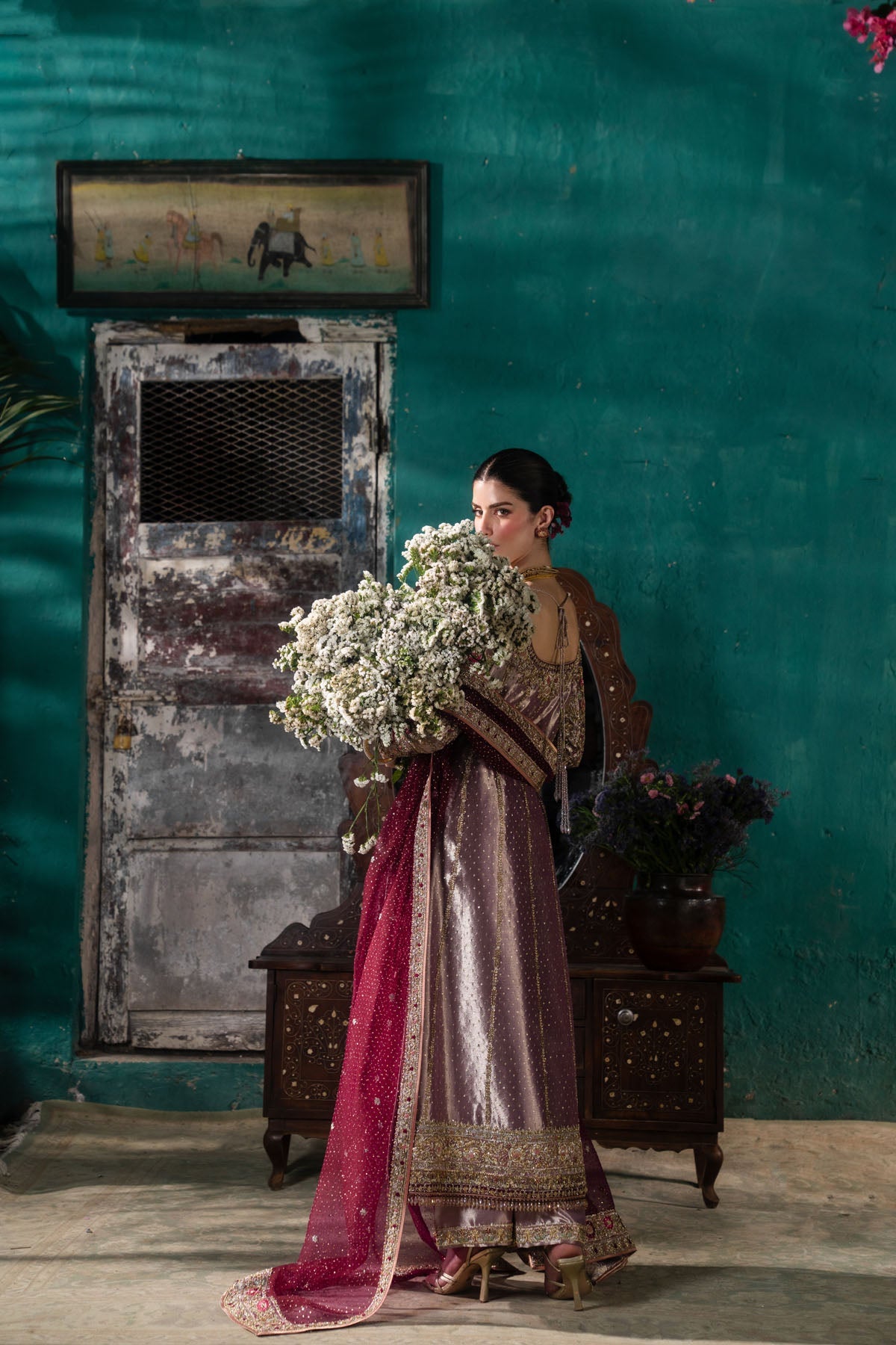 Farah and Fatima Inaya Style back view with plum dupatta and floral embellishment
