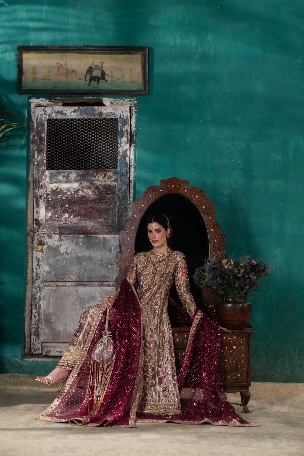 Farah and Fatima Inaya Style seated full look with plum mukaish dupatta