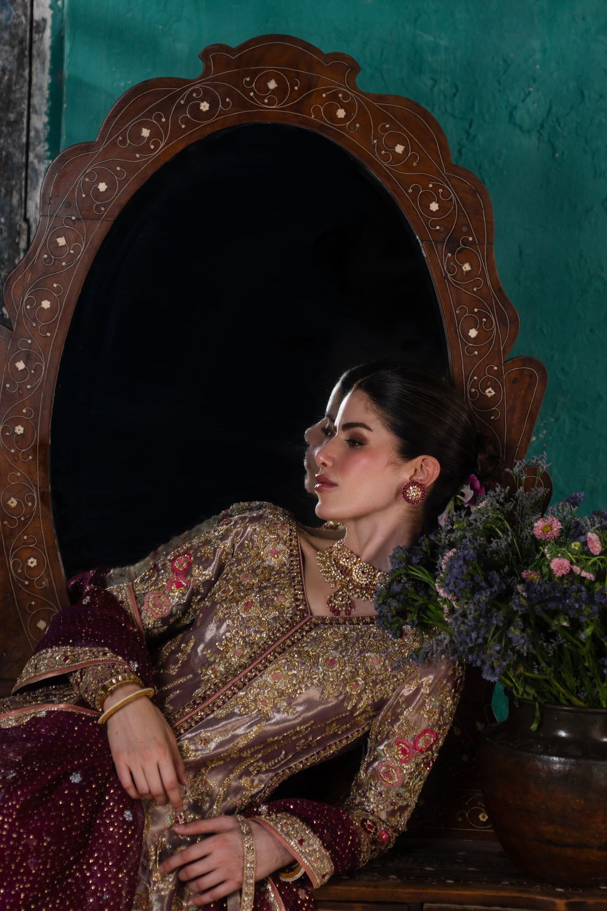 Farah and Fatima Inaya Style reclining portrait showing floral embellishment