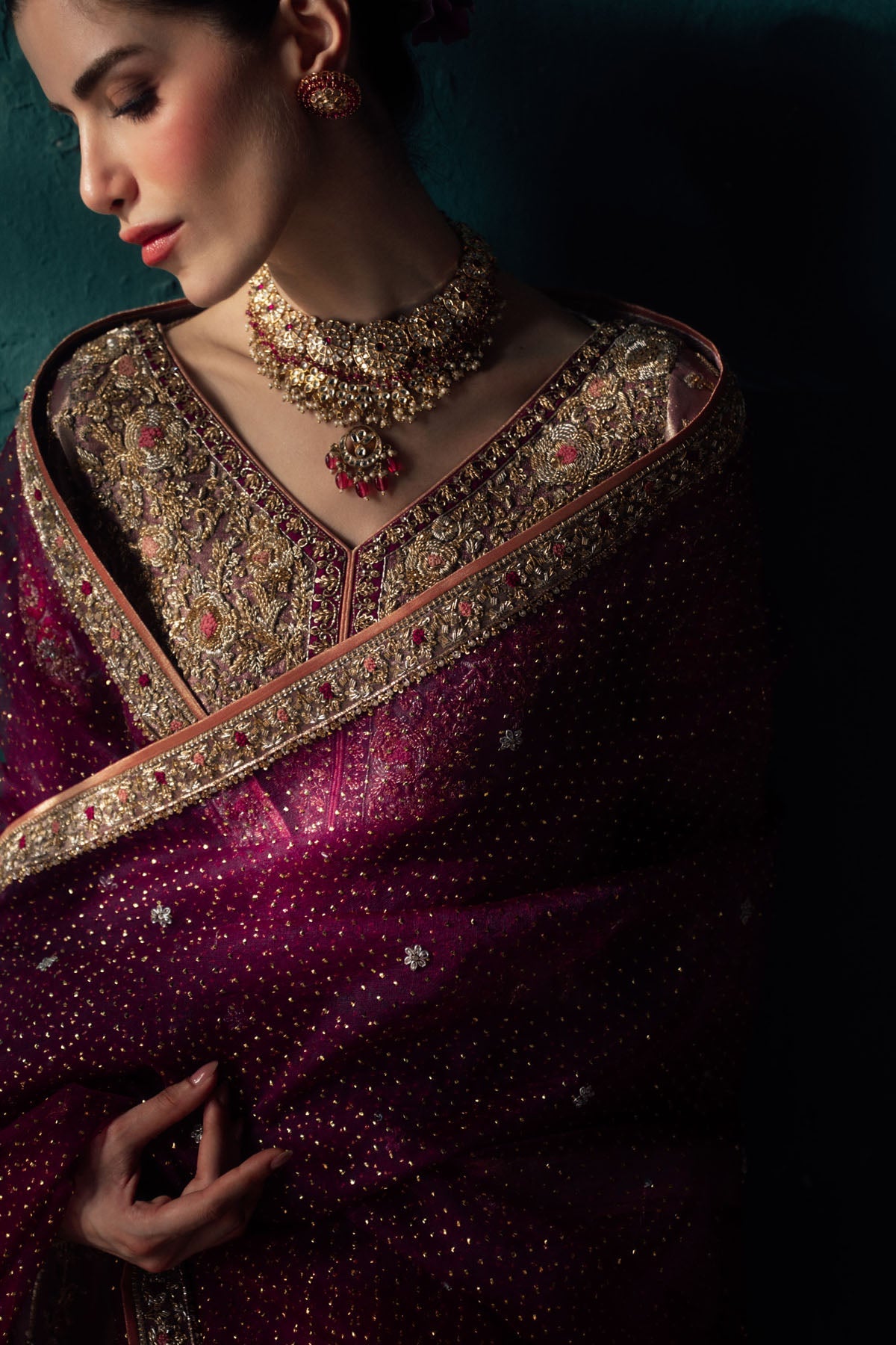 Farah and Fatima Inaya Style plum mukaish dupatta and neckline detail