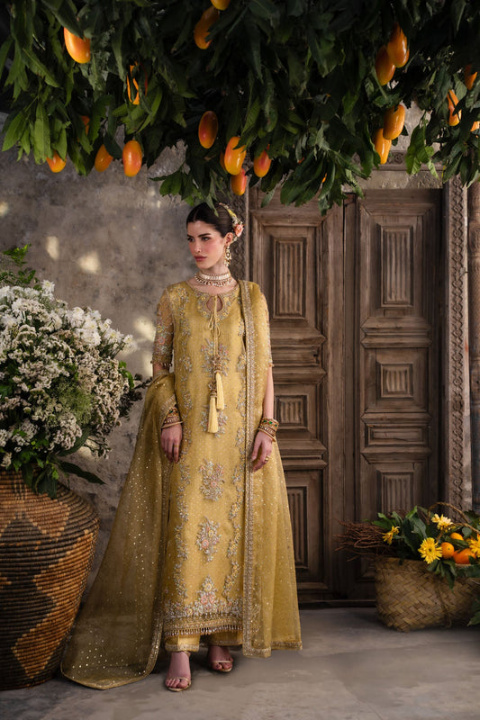 Farah and Fatima Zareen Style mustard gold Pakistani wedding formal full front view