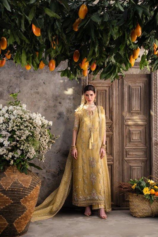 Farah and Fatima Zareen Style mustard gold three piece suit full length front view