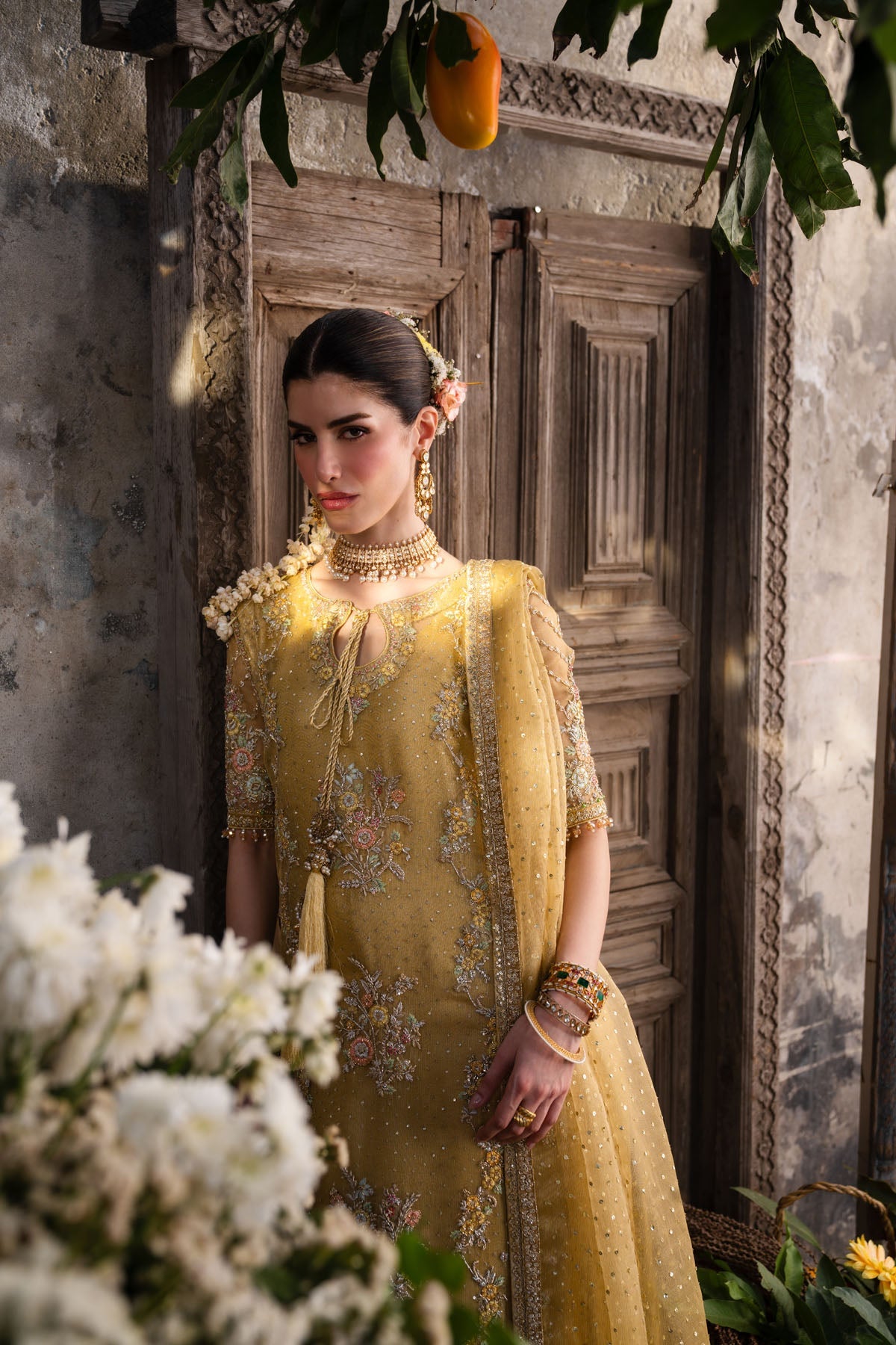 Farah and Fatima Zareen Style embellished neckline and dupatta close up