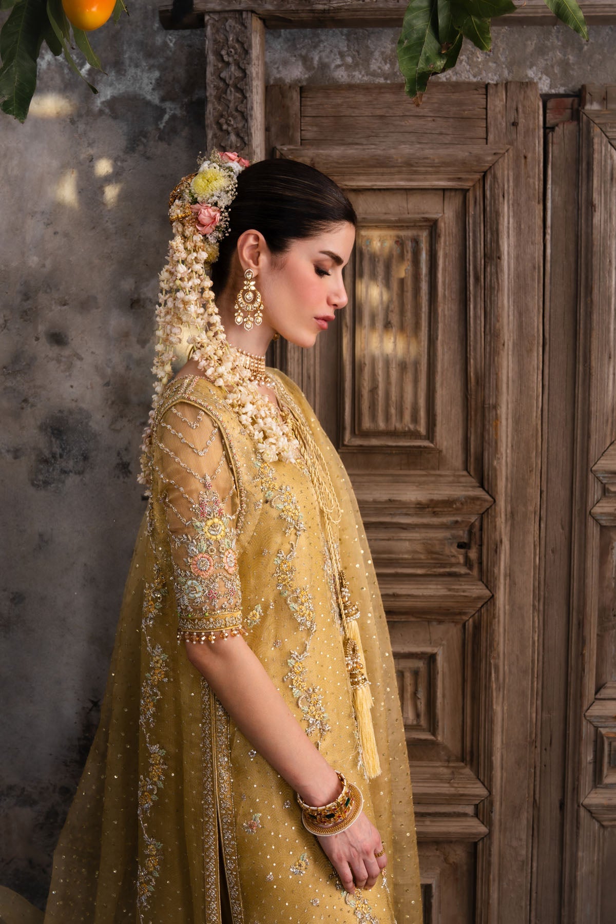 Farah and Fatima Zareen Style sleeve embroidery and floral jewellery detail