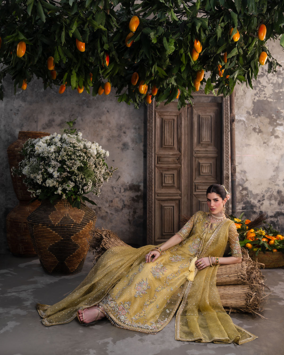 Farah and Fatima Zareen Style seated full look in mustard gold wedding formal