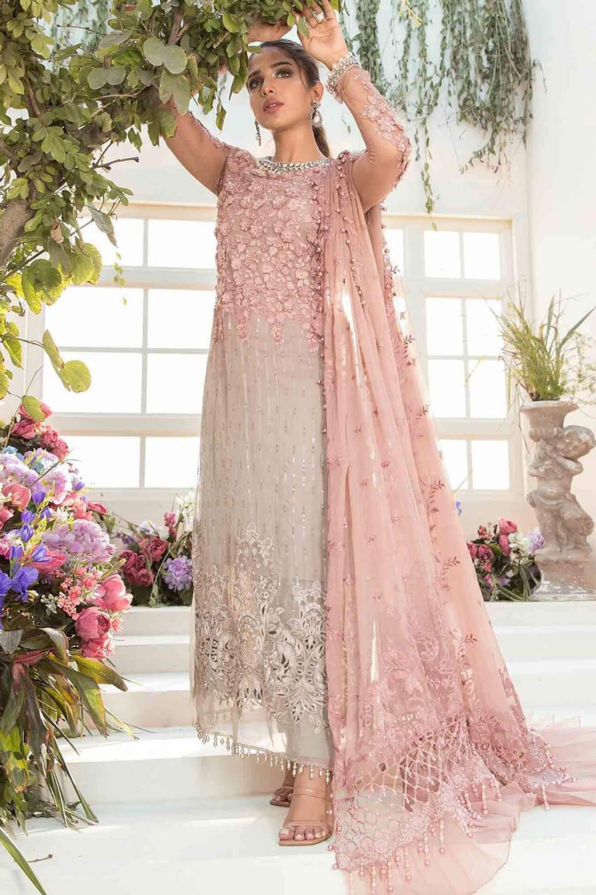 Maria B Mbroidered BD-121 blush pink formal outfit front view with draped dupatta