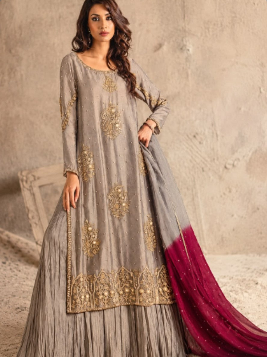 Hafsa Malik – Moon Dust Style grey three-piece with maroon ombre dupatta — Mairaz reproduction, product view 1 of 1