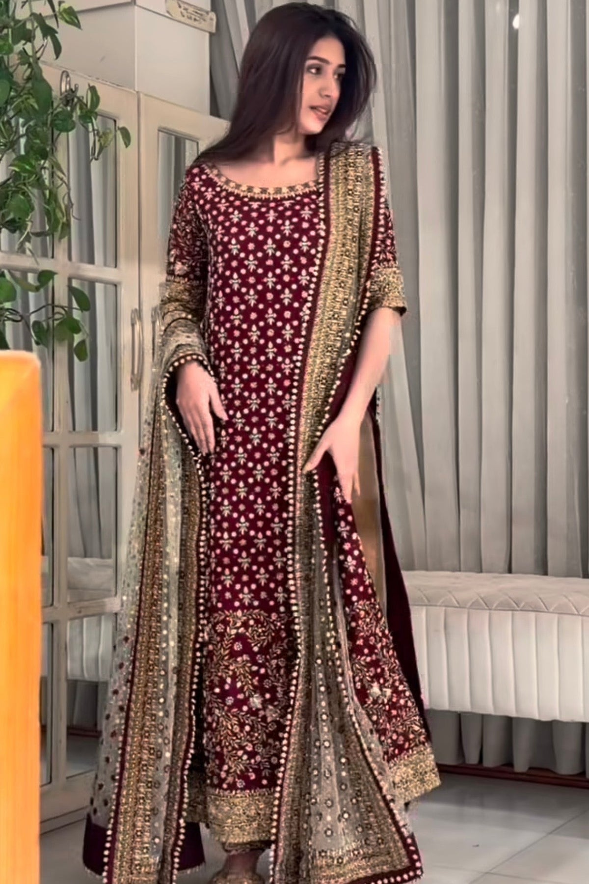 Haris Shakeel Areesha style — Mairaz maroon three-piece suit reference, view 1 of 5