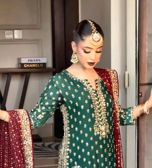 Green and Red style, embellished neckline and upper-body detail