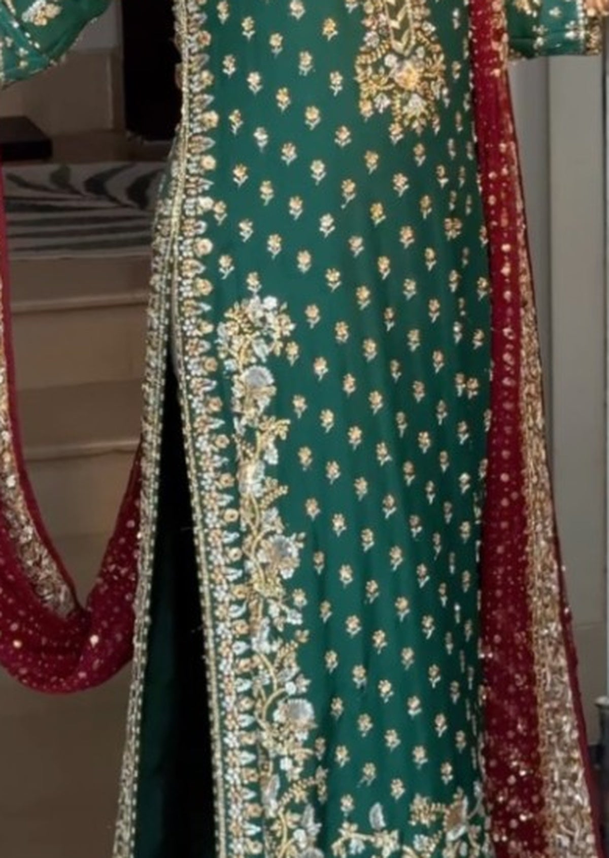 Haris Shakeel Green and Red style gold embroidery and border detail