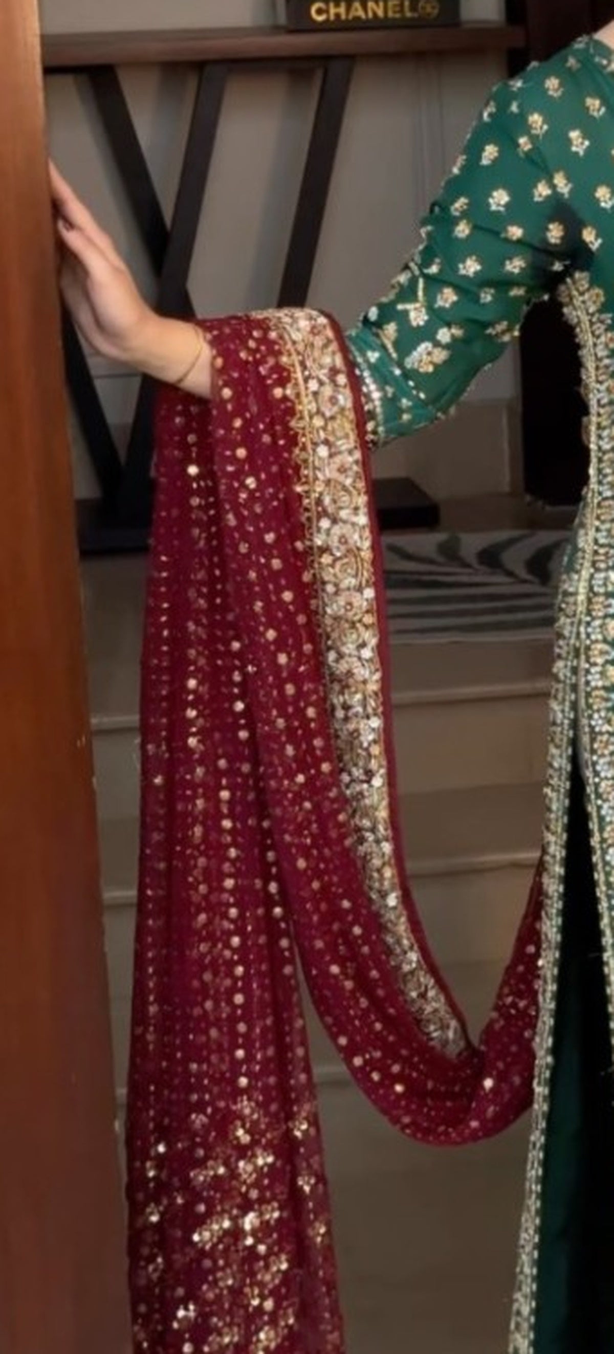 Haris Shakeel Green and Red style maroon dupatta and gold border detail
