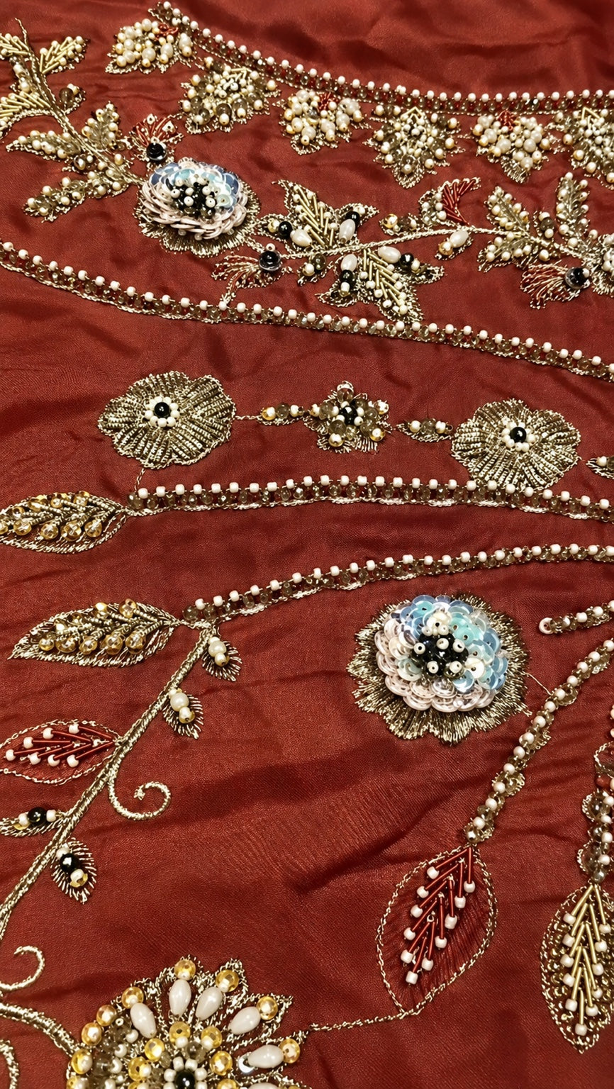 Haris Shakeel HS-201 Style rust orange hand embellished fabric detail