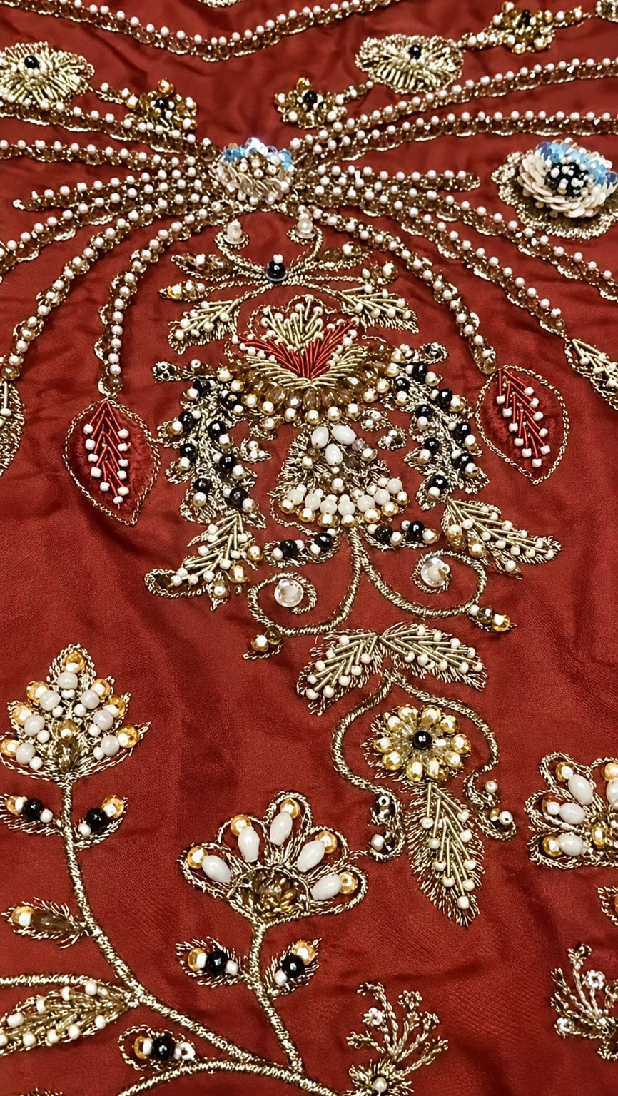 Haris Shakeel HS-201 Style rust orange hand embellished embroidery detail