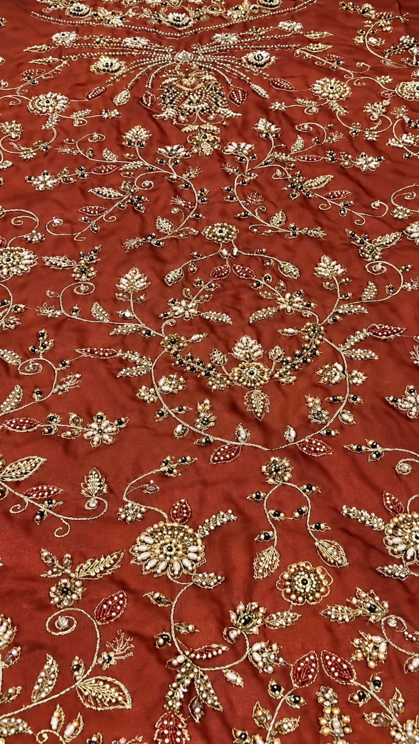 Haris Shakeel HS-201 Style rust orange floral handwork fabric